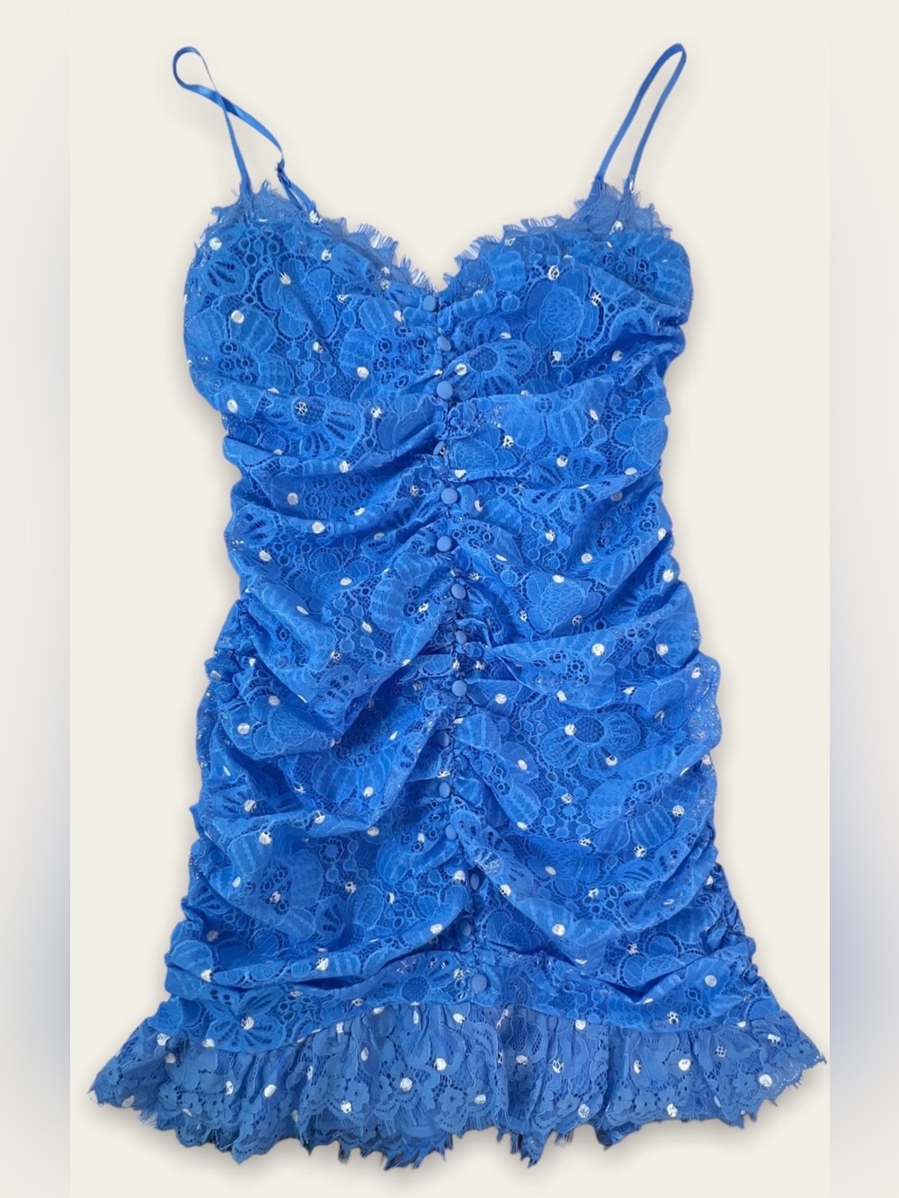 For Love & Lemons Blue Lace Ruched Mini Dress Polka Dot Samira Button Front  S